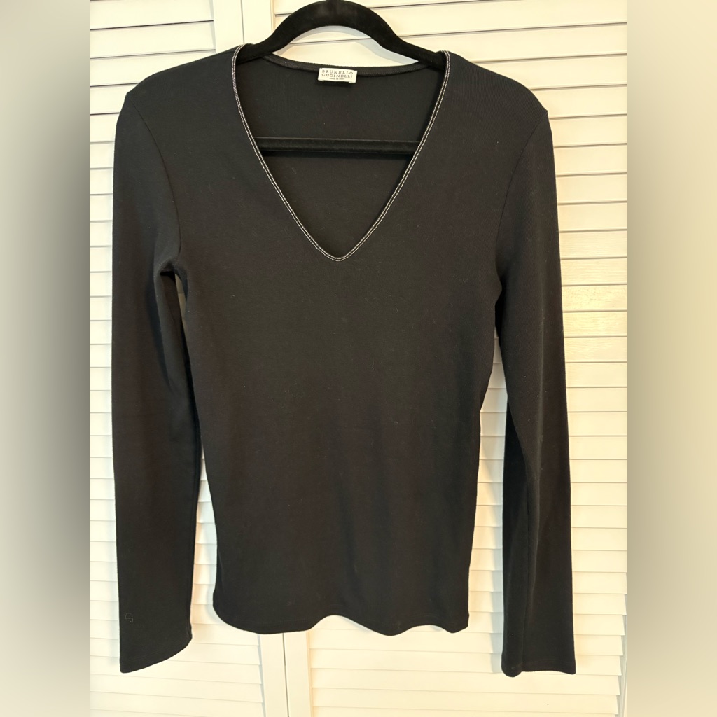 Brunello Cucinelli Black V-Neck Long Sleeve Tee With Embellished Neckline Xl